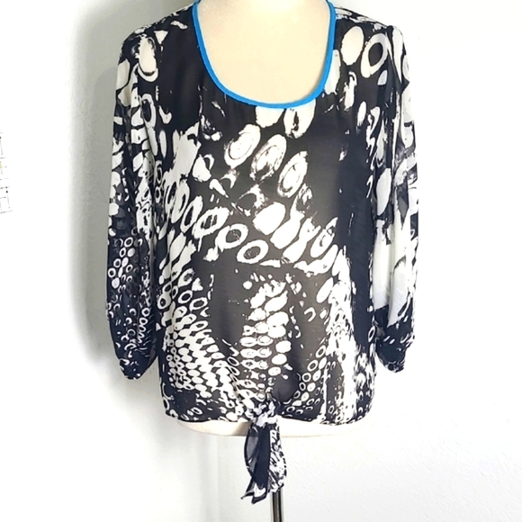 a.n.a Tops - a.n.a. Black & White Patterned Sheer Top with Blue Trim,Ties at Waist Size Small